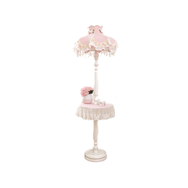 Pink-White Fringe Dress Girls Bedroom Floor Lamp With Table - Kids Style Standing Light