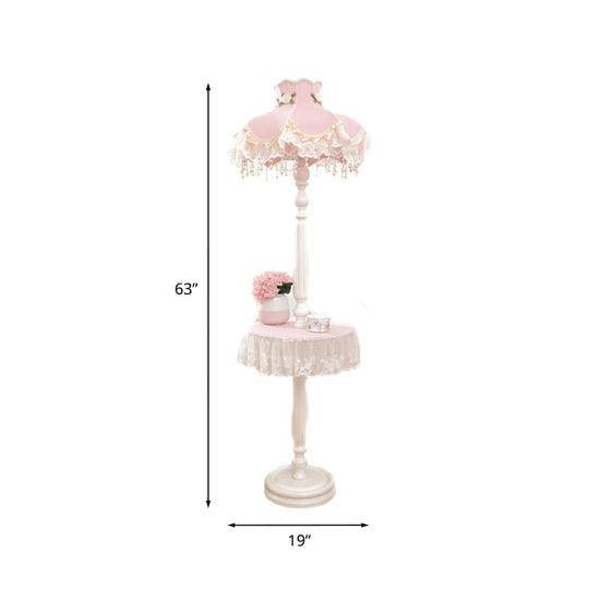 Pink-White Fringe Dress Girls Bedroom Floor Lamp With Table - Kids Style Standing Light