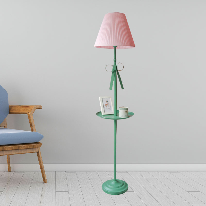 Kids Iron Single Green Floor Lamp With Pleated Beige/Pink Shade - Ribbon Standing Light Pink