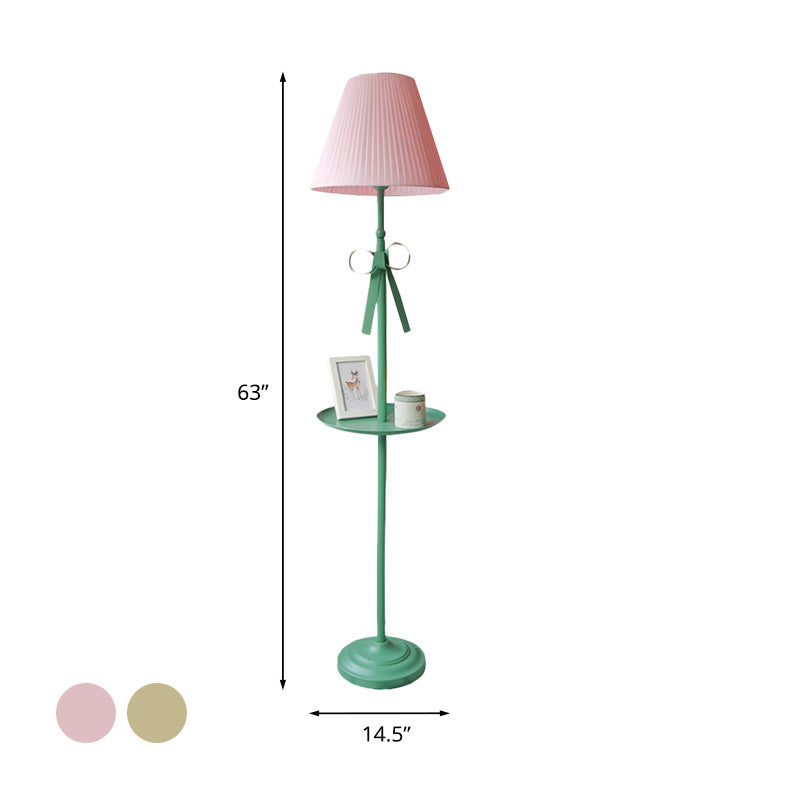 Kids Iron Single Green Floor Lamp With Pleated Beige/Pink Shade - Ribbon Standing Light