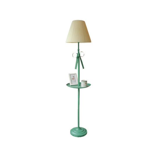 Kids Iron Single Green Floor Lamp With Pleated Beige/Pink Shade - Ribbon Standing Light