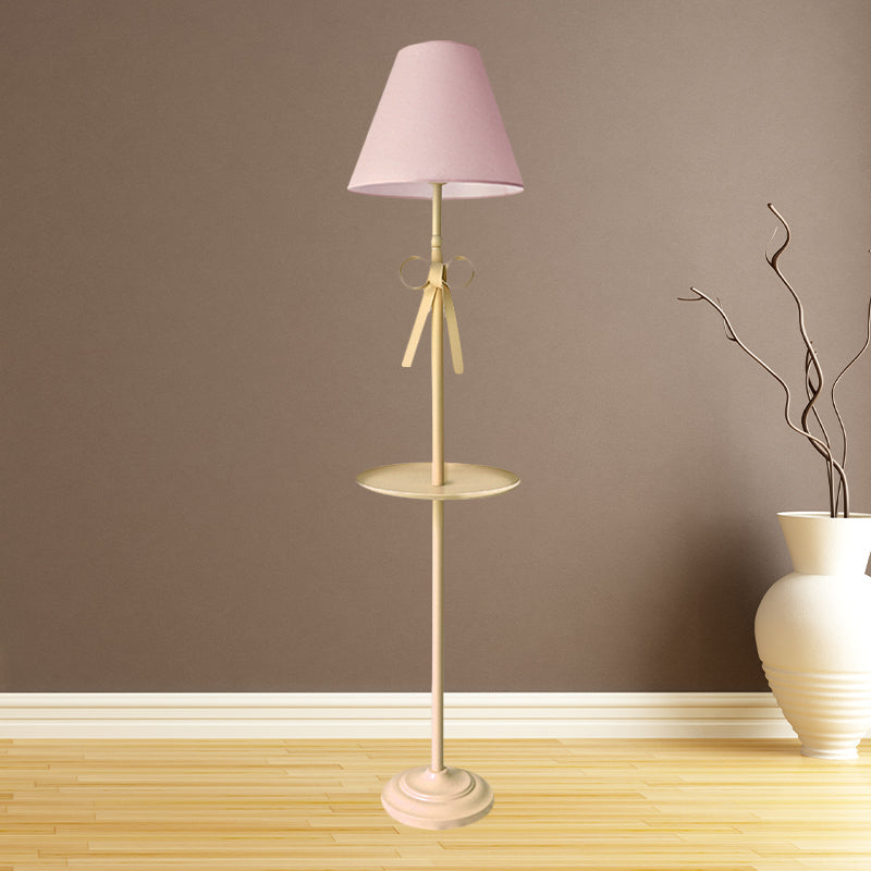 Kids Pink/Yellow Conical Standing Floor Light With Pleated Fabric Shade And Table - 1 Bulb Pink