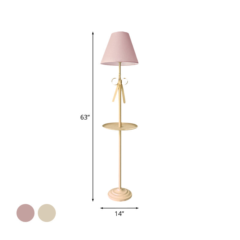 Kids Pink/Yellow Conical Standing Floor Light With Pleated Fabric Shade And Table - 1 Bulb