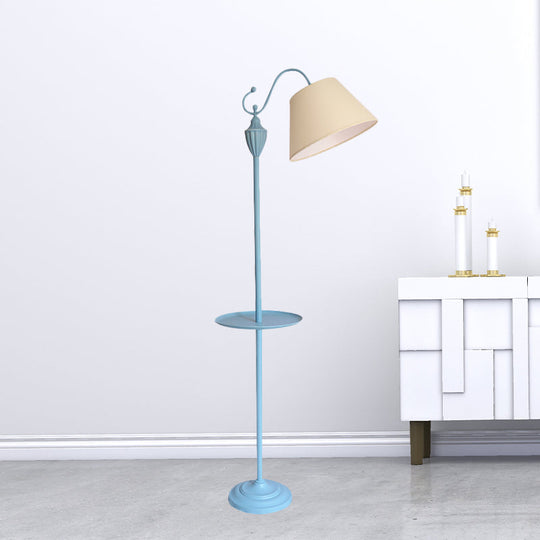 Truncated Cone Shade Floor Lamp In Macaron Fabric - Pink/Blue/Yellow | 1 Bulb Storage Tray Ideal For