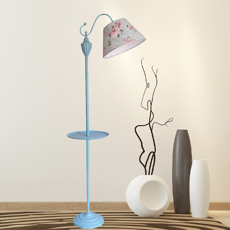 Truncated Cone Shade Floor Lamp In Macaron Fabric - Pink/Blue/Yellow | 1 Bulb Storage Tray Ideal For