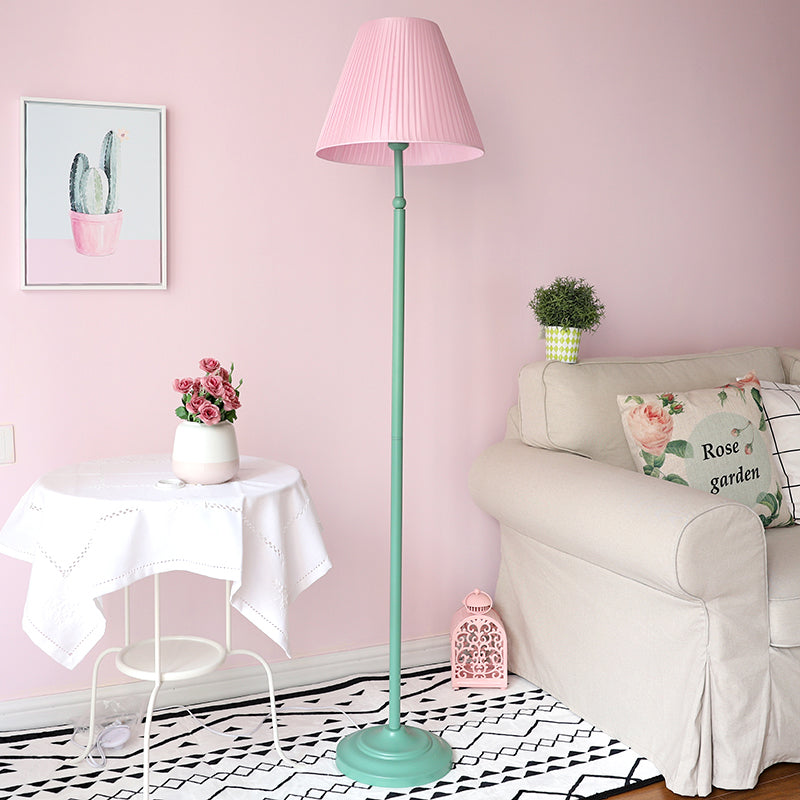 Macaron 1-Light Straight Rod Iron Floor Lamp In Pink/Green With Pleated Pink/Yellow Shade Green /