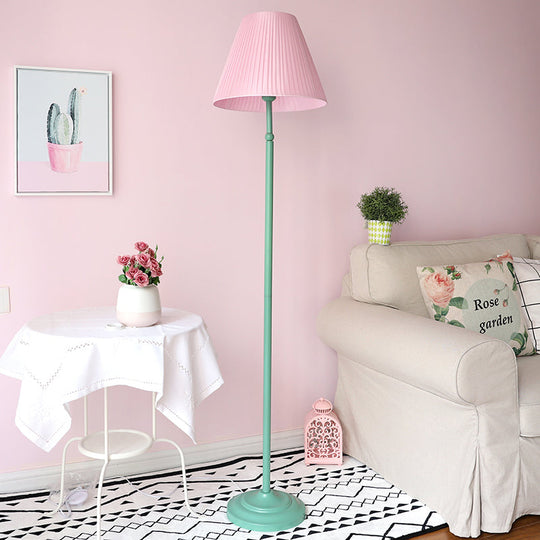 Macaron 1-Light Straight Rod Iron Floor Lamp In Pink/Green With Pleated Pink/Yellow Shade Green /