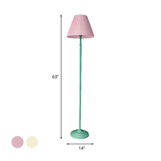 Macaron 1-Light Straight Rod Iron Floor Lamp In Pink/Green With Pleated Pink/Yellow Shade