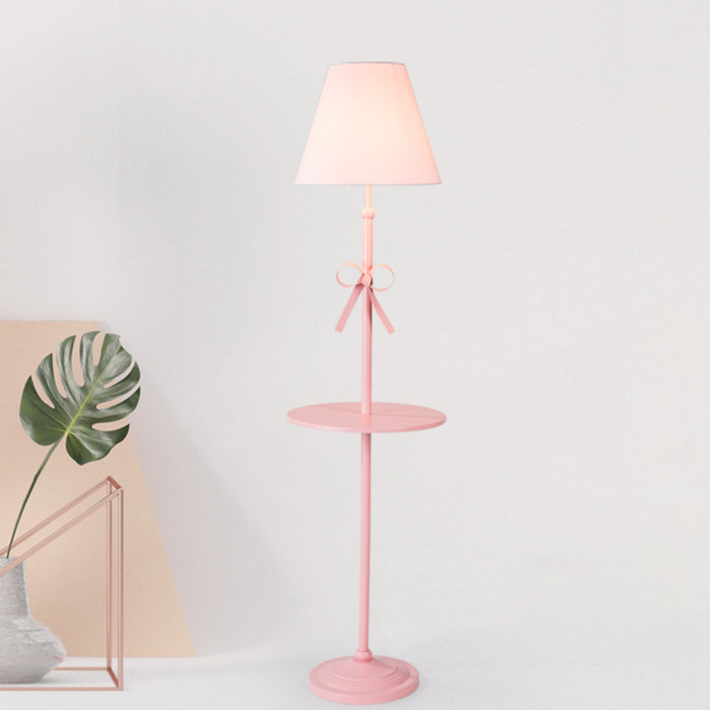 Fabric Conic Floor Standing Lamp For Kids - Single Beige/Pink Lighting With Table And Bow-Knot Pink