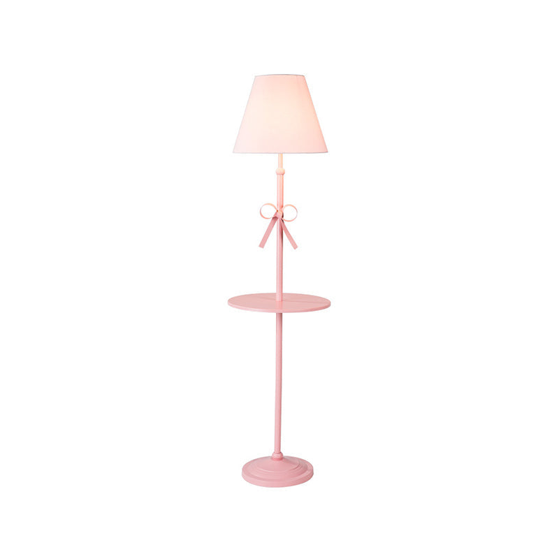 Fabric Conic Floor Standing Lamp For Kids - Single Beige/Pink Lighting With Table And Bow-Knot