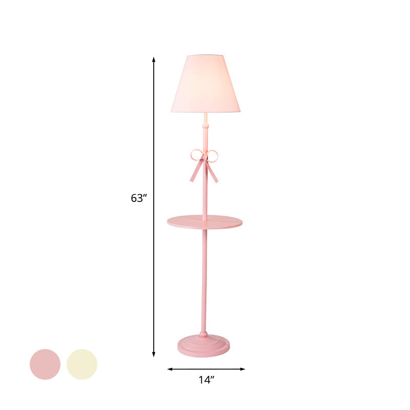 Fabric Conic Floor Standing Lamp For Kids - Single Beige/Pink Lighting With Table And Bow-Knot