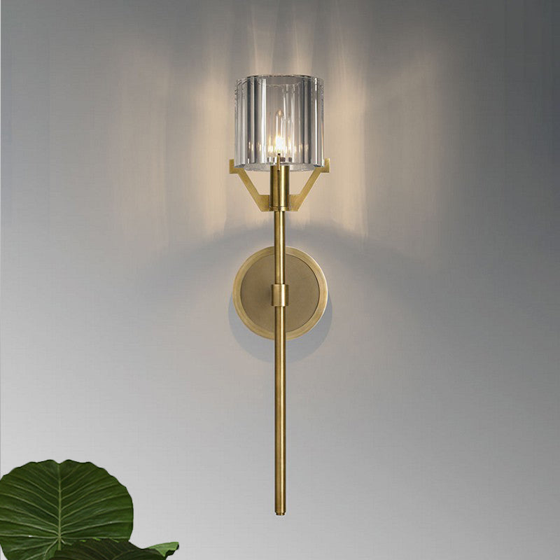Brass Wall Sconce With Clear Crystal Block Cylinder And Pencil Arm