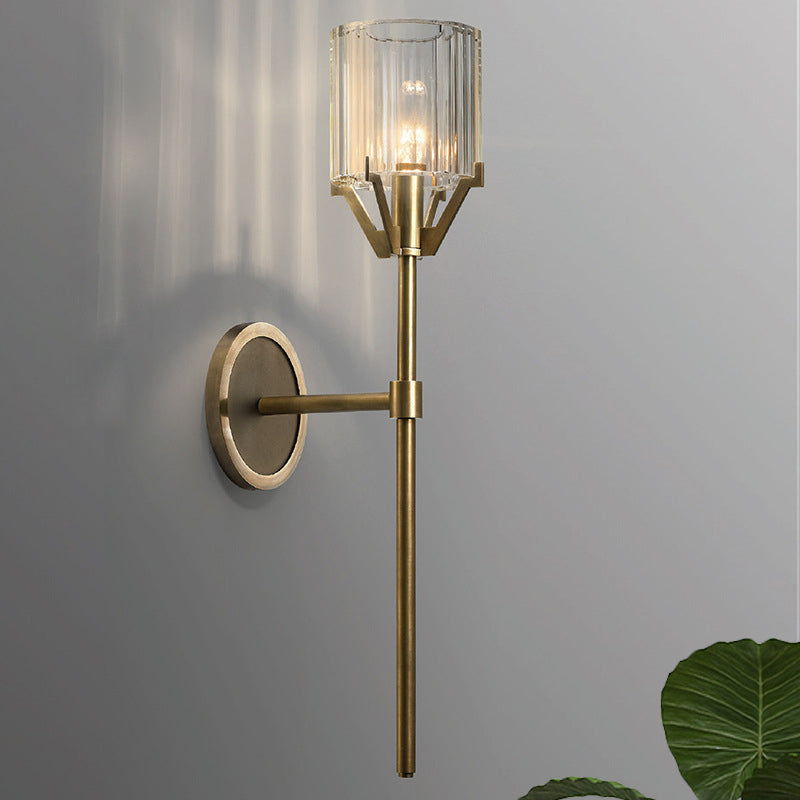 Brass Wall Sconce With Clear Crystal Block Cylinder And Pencil Arm