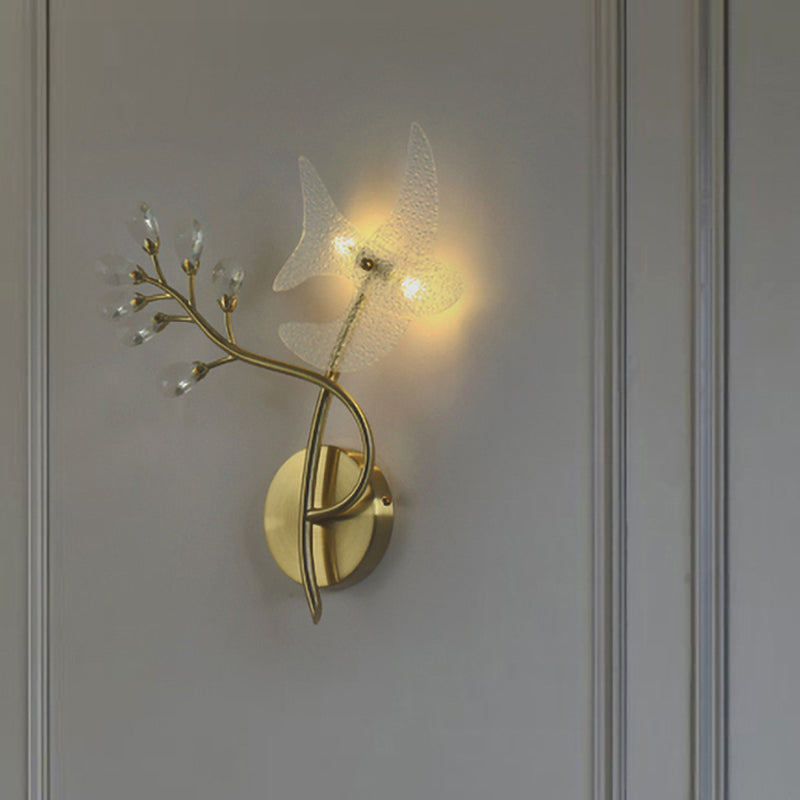 2-Headed Gold Wall Mounted Sconce: Simple Branch Design With Faceted Crystal Lamp Shades