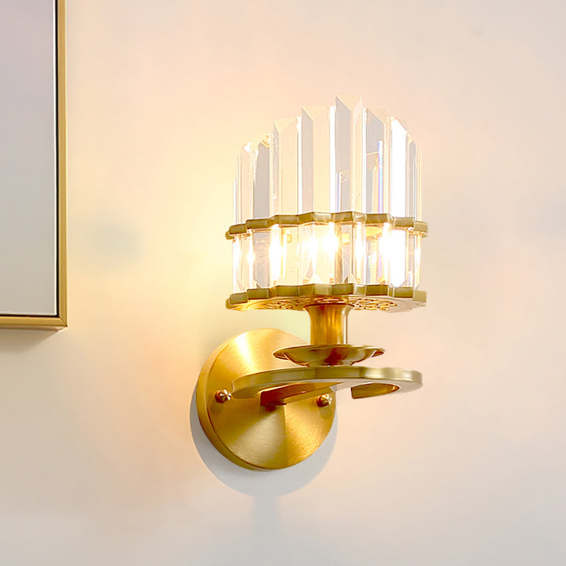 Modern Crystal Block Wall Sconce - Round Gold Living Room Lamp