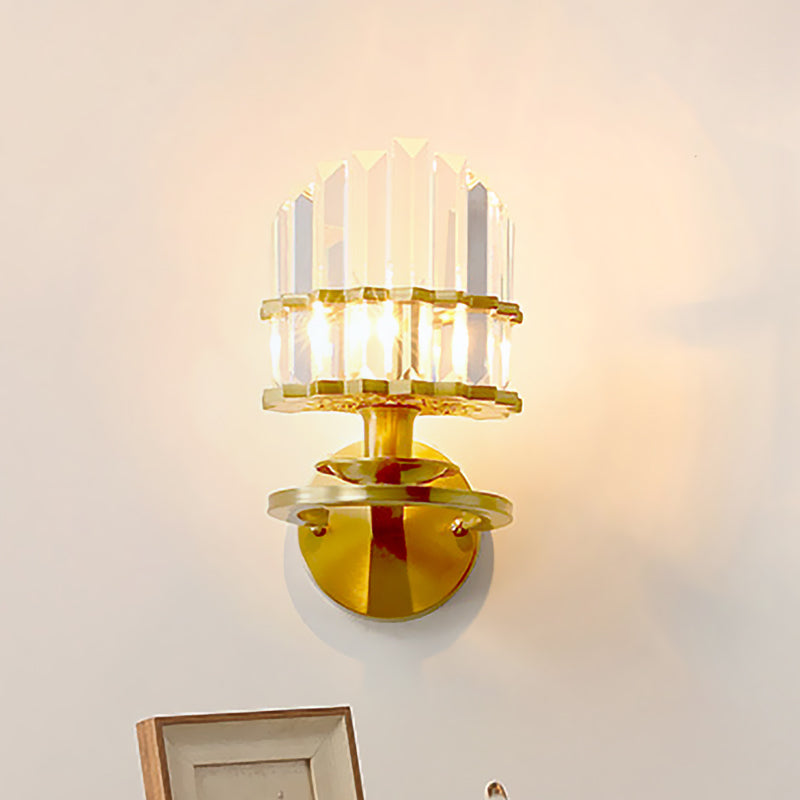Modern Crystal Block Wall Sconce - Round Gold Living Room Lamp