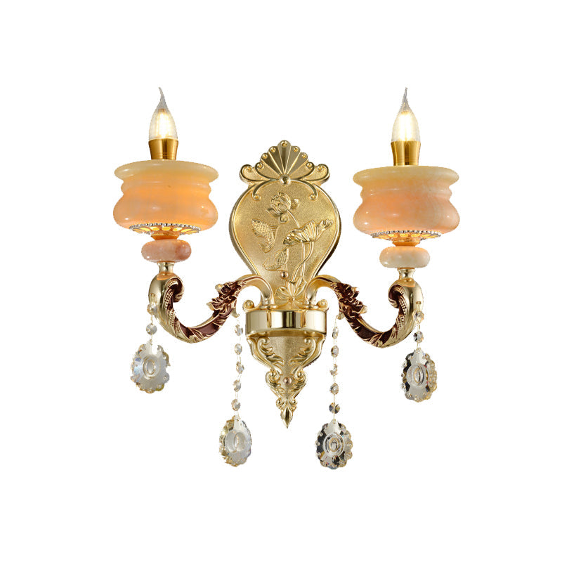 Traditional Gold Jade Candelabra Wall Lamp With Crystal Drop - Mounted Light Fixture