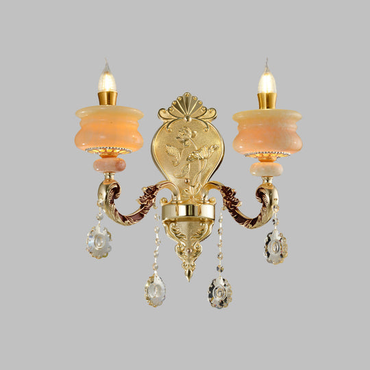 Traditional Gold Jade Candelabra Wall Lamp With Crystal Drop - Mounted Light Fixture