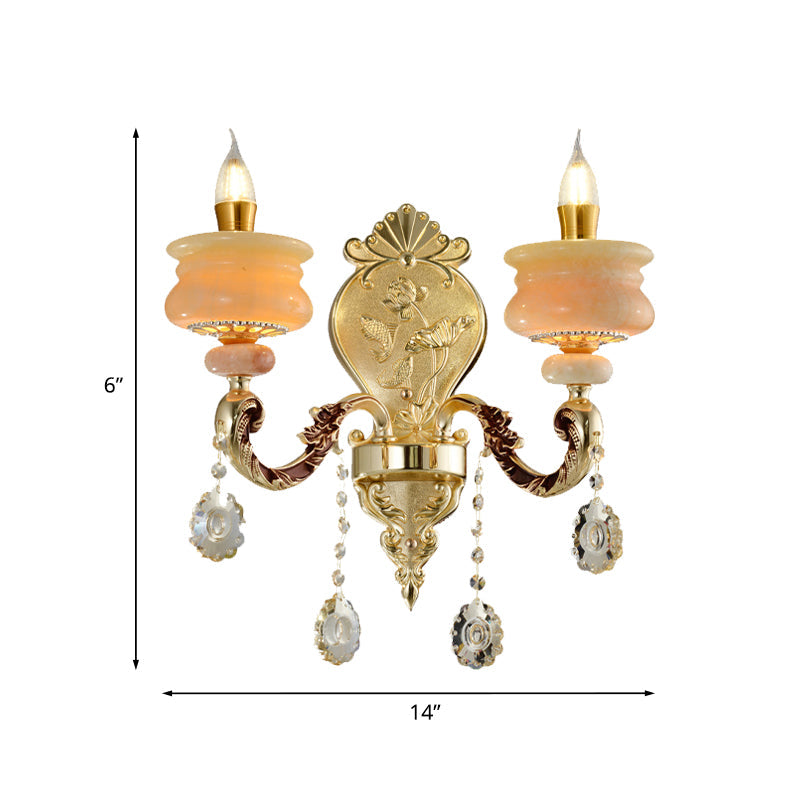 Traditional Gold Jade Candelabra Wall Lamp With Crystal Drop - Mounted Light Fixture