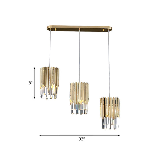 Gold Crystal Rectangle Pendant Light for Dining Room - Luxurious Layered Cluster, Clear Crystal, 3-Head Suspension