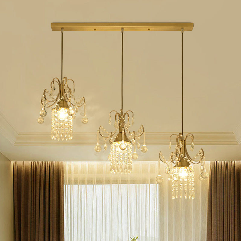 Gold Postmodern Rain Cluster Pendant Light With Clear K9 Crystal - 3 Bulb Suspension Lamp For Dining