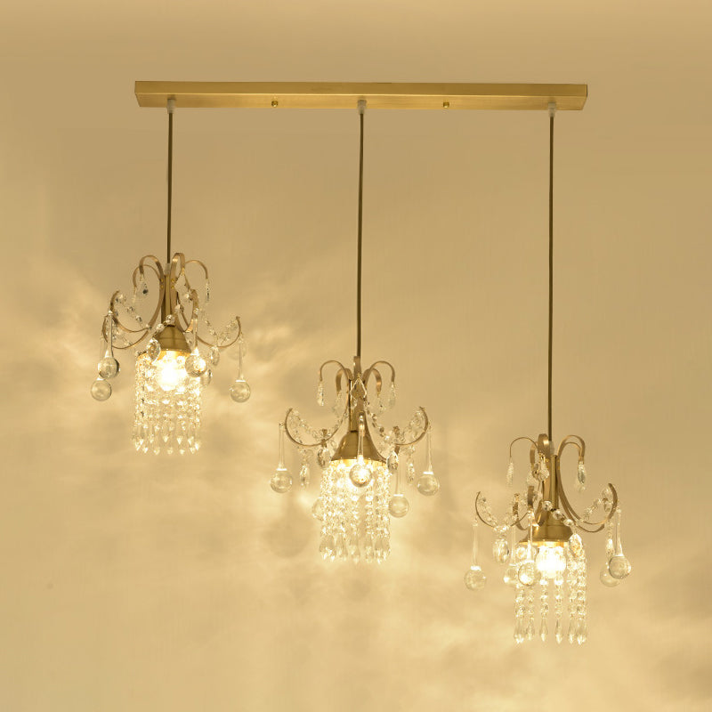 Gold Postmodern Rain Cluster Pendant Light With Clear K9 Crystal - 3 Bulb Suspension Lamp For Dining