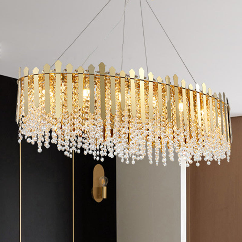 14-Light Gold Elliptical Island Pendant With Clear Crystal Beads - Luxurious Hanging Light Fixture