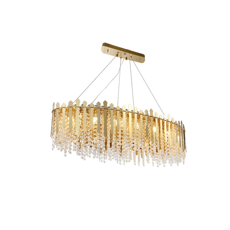 14-Light Gold Elliptical Island Pendant With Clear Crystal Beads - Luxurious Hanging Light Fixture