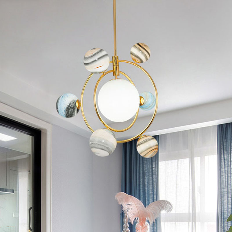 Nordic Gold Chandelier With 7-Light Nursery Pendant And Frosted Glass Shade