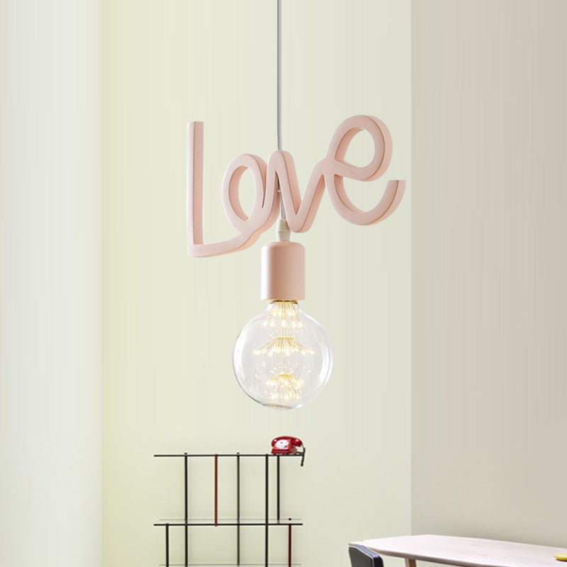 Macaroon Pink Resin Pendant Lamp With Letter Design - Bare Bulb Drop For Living Room