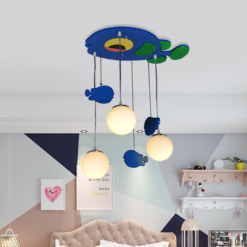 Blue Fish Wooden Pendant Light With Multi Bulbs And White Glass Shade For Kids