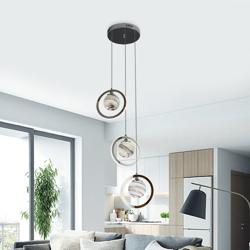 Nordic Frosted Glass Planet Pendant Light Fixture - 3 Chrome Heads Dining Room Hanging Lamp