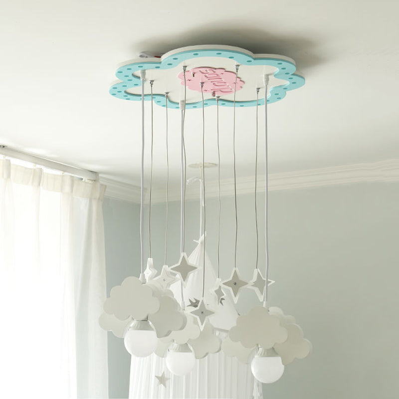 Blue & White Wooden Cloud Pendant Light With 3 Bulbs For Nursery Blue-White
