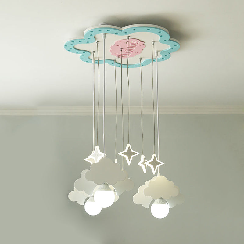 Blue & White Wooden Cloud Pendant Light With 3 Bulbs For Nursery