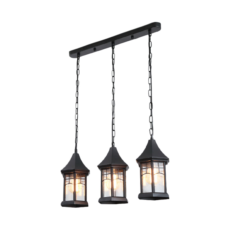 Black Multi-Panel Cottage Lantern Ceiling Light With Clear Glass And Linear Canopy - 3 Lights