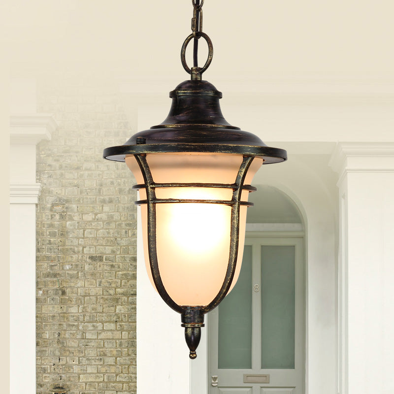 Black Urn Down Lighting Lodge Pendant Light With Frosted Glass - Single Bulb Ceiling Fixture For