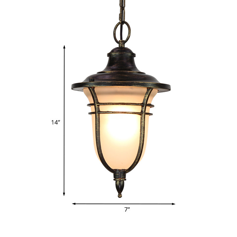 Black Urn Down Lighting Lodge Pendant Light With Frosted Glass - Single Bulb Ceiling Fixture For