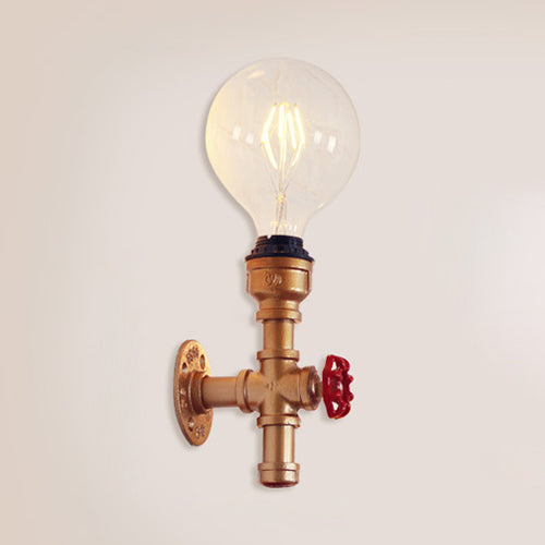 Metallic Pipe Sconce Lamp: Industrial 1 Bulb Farmhouse Wall Light With Red Valve In White/Red