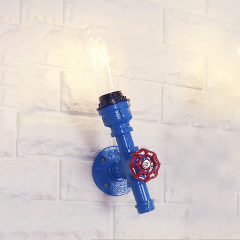 Metallic Pipe Sconce Lamp: Industrial 1 Bulb Farmhouse Wall Light With Red Valve In White/Red