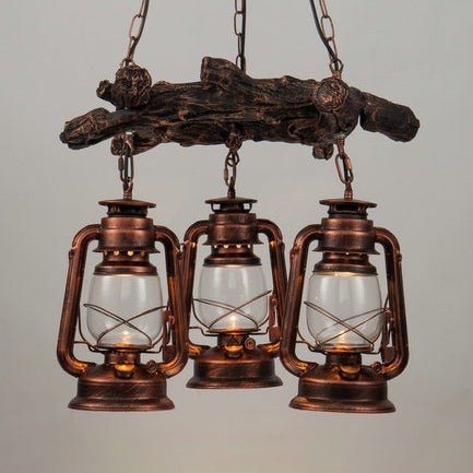 Coastal 3-Light Kerosene Clear Glass Chandelier In Bronze/Copper - Dining Room Pendant Lighting