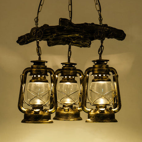 Coastal 3-Light Kerosene Clear Glass Chandelier In Bronze/Copper - Dining Room Pendant Lighting
