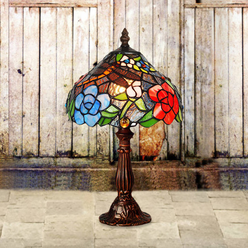 Tiffany Bronze Stained Glass Table Lamp With Peony Pattern - 1-Light Nightstand Lighting