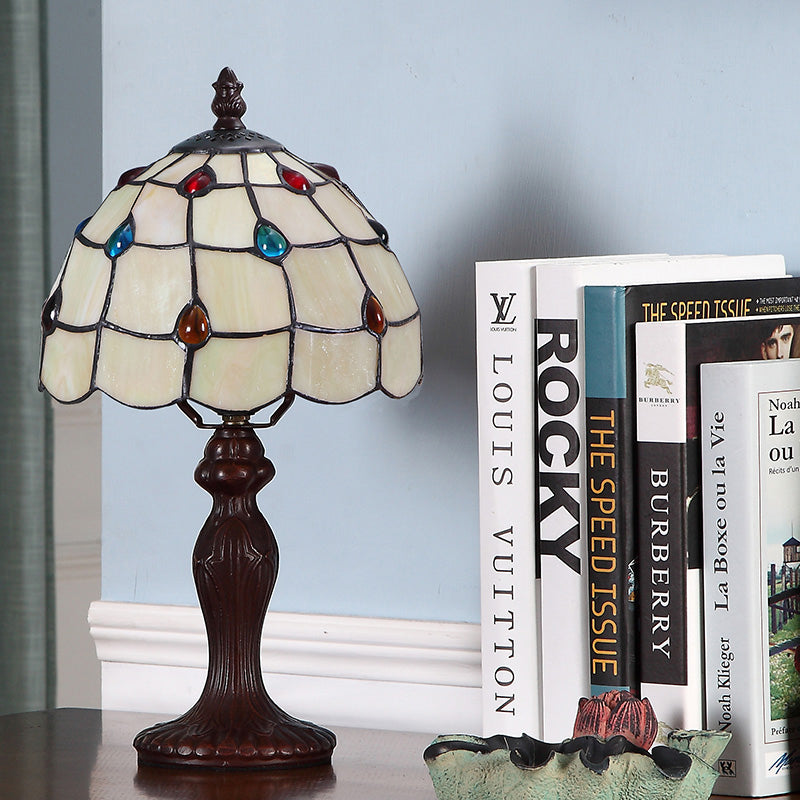 Tiffany Style Dark Brown Stained Glass Table Lamp With Jewel-Embellished Scalloped Shade