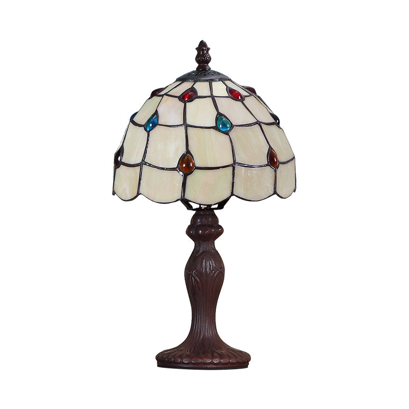 Tiffany Style Dark Brown Stained Glass Table Lamp With Jewel-Embellished Scalloped Shade