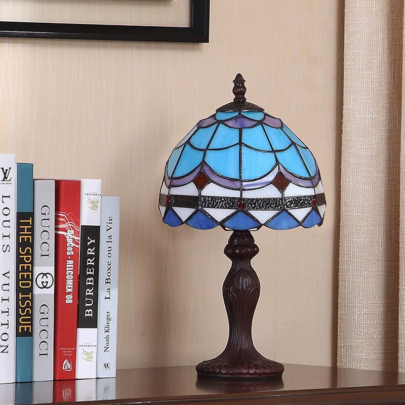 Mediterranean 1-Light Stained Glass Table Lamp With Wave-Pattern Dark Brown Nightstand Light