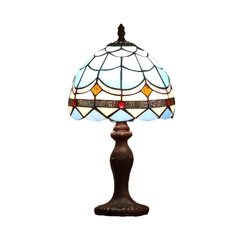 Mediterranean 1-Light Stained Glass Table Lamp With Wave-Pattern Dark Brown Nightstand Light