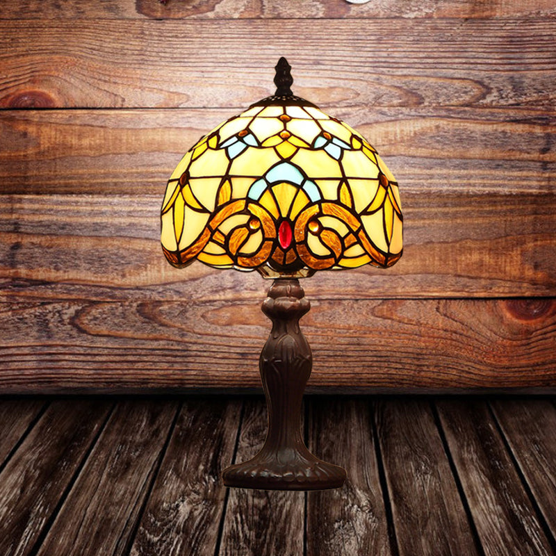 Baroque Dark Coffee Domed Table Lamp With Spikelet-Pattern Stained Glass Brown