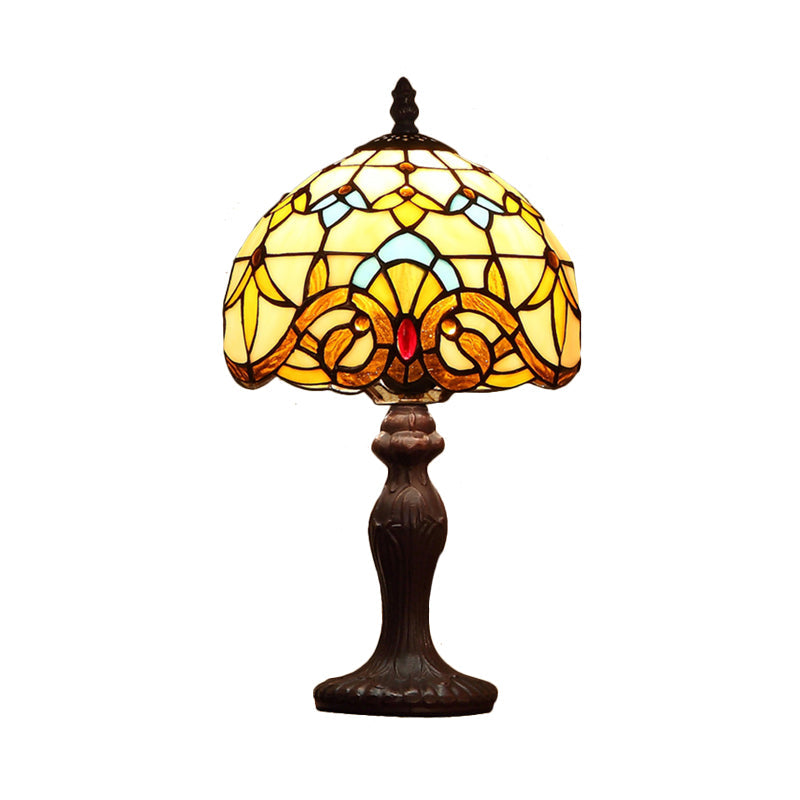 Baroque Dark Coffee Domed Table Lamp With Spikelet-Pattern Stained Glass