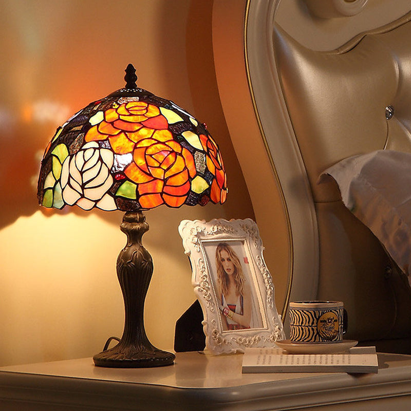Dark Brown Tiffany Stained Glass Blossom Table Lamp - 1-Light Nightstand Light