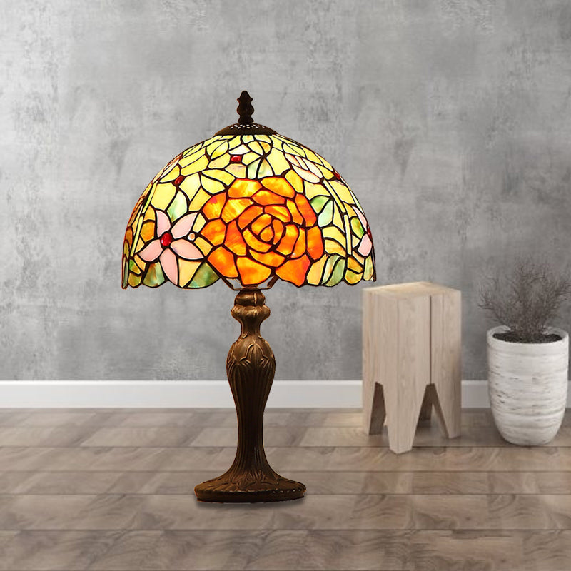 Tiffany-Style Art Glass Dome Night Lamp - Dark Brown Handcrafted With Bloom Pattern